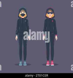 Two vector girl in dark sport costumes. Hacker and security lady pack. Characters for game, posters, infographic, advertisign or web. Stock Vector