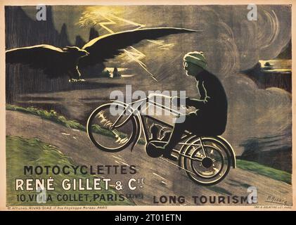 Motorcycle poster France - Motocyclettes Rene Gillet & Cie. Long tourisme. (Circa. 1920). French Advertising Poster - Man riding a motorcycle. Stock Photo