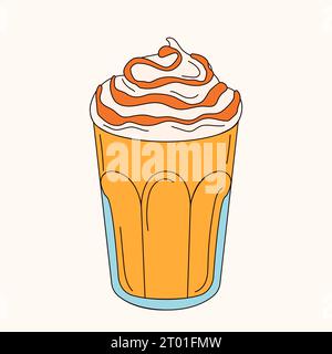 Frappuccino iced coffee in a glass cup in line art, doodle style. Vector illustration isolated on a white background. Stock Vector