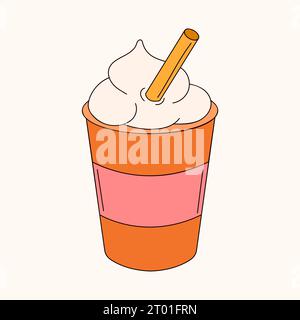 Coffee in paper cup with straw and cream. Line art style. Vector illustration isolated on a white background. Stock Vector