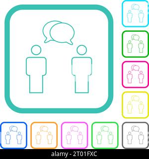 Two talking persons with oval bubbles outline vivid colored flat icons in curved borders on white background Stock Vector