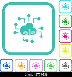 Cloud technology solid vivid colored flat icons in curved borders on white background Stock Vector