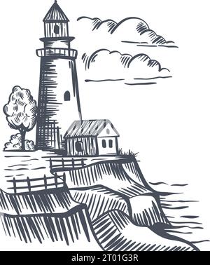 Lighthouse with house on cliff vintage sketch. Hand engraved tower with lanterns for navigating ships. Seascape with buildings,ink vector illustration Stock Vector