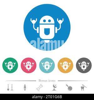 Rolling robot flat white icons on round color backgrounds. 6 bonus icons included. Stock Vector