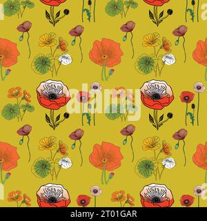 Flower flat style seamless pattern, vector design, Stock Vector