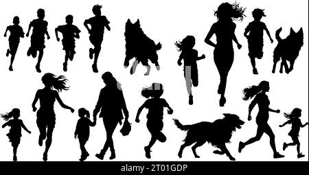 Black set of silhouettes of parents and children on white background. Vector illustration Stock Vector