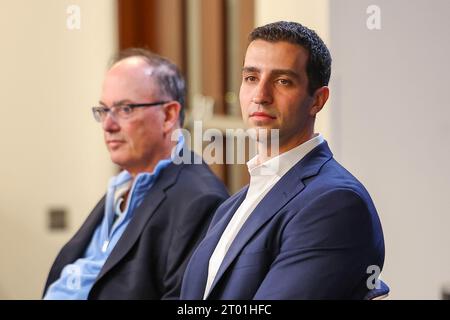 New York Mets owner Steve Cohen introduces the new Mets President Of Baseball Operations, David Stearns to the media at a press conference at Citi Field in Corona, New York, Monday, Oct. 2, 2023. (Photo: Gordon Donovan) Stock Photo