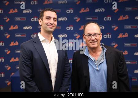 New York Mets owner Steve Cohen and new President of Baseball Operations David Stearns pose for a photo after the press conference at Citi Field in Corona, New York, Monday, Oct. 2, 2023. (Photo: Gordon Donovan) Stock Photo