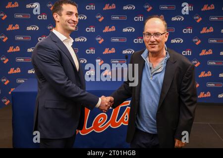 New York Mets owner Steve Cohen and new President of Baseball Operations David Stearns pose for a photo after the press conference at Citi Field in Corona, New York, Monday, Oct. 2, 2023. (Photo: Gordon Donovan) Stock Photo