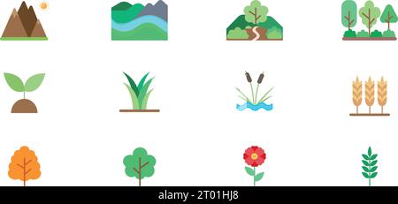 Nature icons set in flat style. Pack of bright icons of plants and landscape. Vector illustration Stock Vector