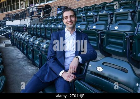 New York Mets President Of Baseball Operations David Stearns poses for a photo after introduced at a press conference at Citi Field in Corona, New York, Monday, Oct. 2, 2023. (Photo: Gordon Donovan) Stock Photo