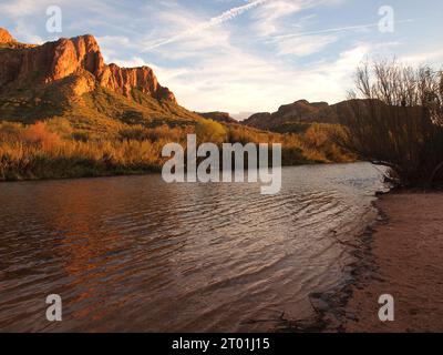 Salt River, Arizona at sunset winding its way toward Phoenix. Stock Photo