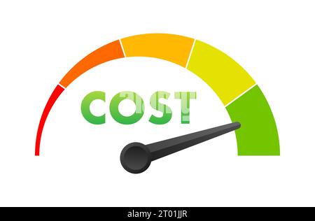 Cost reduction Level Meter, measuring scale. Cost reduction Level speedometer indicator. Price management. Vector stock illustration Stock Vector