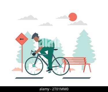 Man riding a bicycle in the park. Flat style vector illustration for Sustainable life concept. Stock Vector