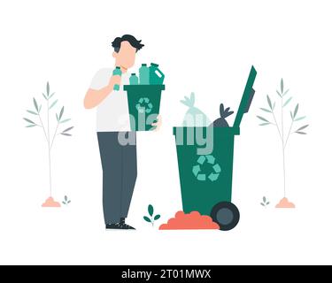 Volunteer throwing garbage into trash can. Flat style vector illustration for sustainability practices and environment saving conceptual design. Stock Vector