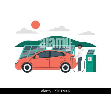 A man charges electric car at the solar charging station. Flat color vector faceless character on white background for sustainability practices concept Stock Vector