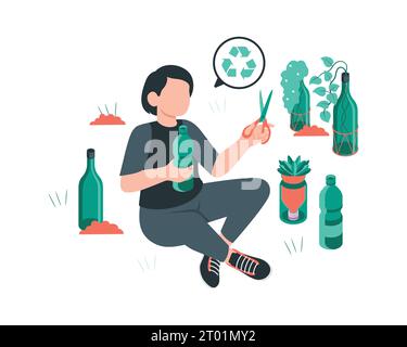 A young man makes crafts from plastic waste and used goods. Flat style vector illustration for sustainability and environment friendly practices Stock Vector