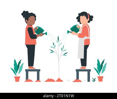 Two women watering plants. Flat vector illustration isolated on white background for sustainability practice conceptual design. Stock Vector