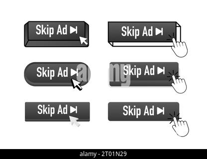 Skip Ad with pointer clicking. Skip Ad web buttons set. User interface element in flat style. Vector stock illustration Stock Vector