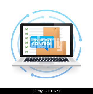 laptop with a box on the screen with text Inventory Control on Speech Bubble. Inventory Management. Vector stock illustration Stock Vector