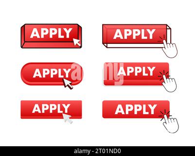 Apply Button with pointer clicking. Apply web buttons set. User interface element in flat style. Vector illustration Stock Vector