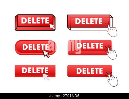 Delete Button with pointer clicking. Delete web buttons set. User interface element in flat style. Vector illustration Stock Vector