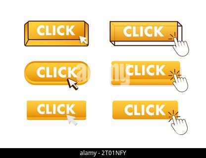 Click Button with pointer clicking. Click web buttons set. User interface element in flat style. Vector stock illustration Stock Vector