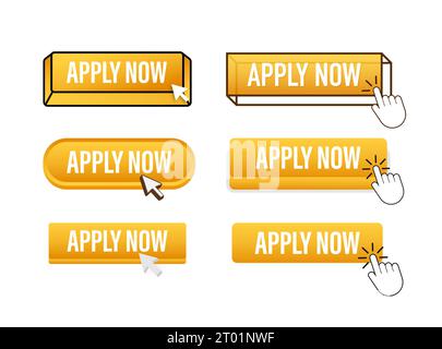 Apply now Button with pointer clicking. Apply web buttons set. User interface element in flat style. Vector illustration Stock Vector