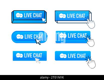 Live chat Button with pointer clicking. Live chat web buttons set. User interface element in flat style. Vector stock illustration Stock Vector