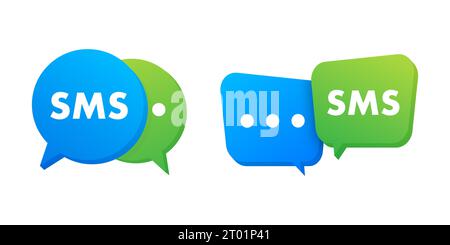 Blue and green speech Bubbles with the word Sms on them. Mobile mail marketing, e-commerce, internet advertising and promotion Stock Vector