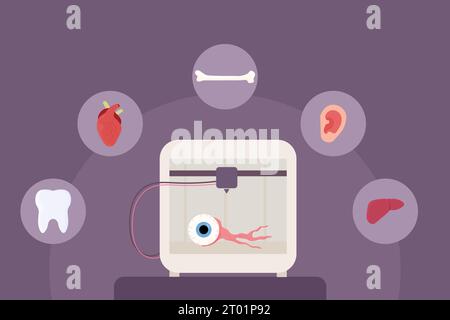 Set 3d printing, bioprinting, artificial organs, prosthetics, synthetic. Liver, arm, ear, eye, bone, heart. Vector illustration Stock Vector