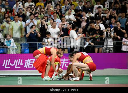 Hangzhou, China's Zhejiang Province. 3rd Oct, 2023. Team China react after the Women's 4Á100m Final of Athletics at the 19th Asian Games in Hangzhou, east China's Zhejiang Province, Oct. 3, 2023. Credit: Song Yanhua/Xinhua/Alamy Live News Stock Photo