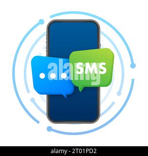 Blue and green speech Bubbles with the word Sms on them. Mobile mail marketing, e-commerce, internet advertising and promotion Stock Vector