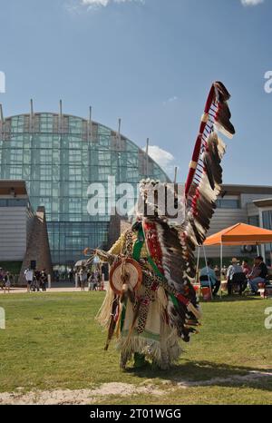 Grand Opening of the First Americans Museum, First Americans dancing on Native Land in the Festival Plaza in front of the Hall of the people Stock Photo