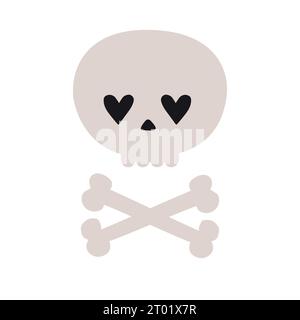 Vector hand drawn flat groovy skull and crossed bones isolated on white background Stock Vector