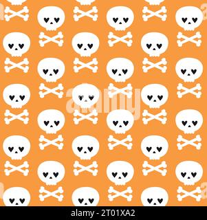 Vector seamless pattern of hand drawn flat groovy skull and crossed bones isolated on orange background Stock Vector