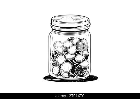 Full jar of coin hand drawn ink sketch. Engraved vector illistration. Stock Vector