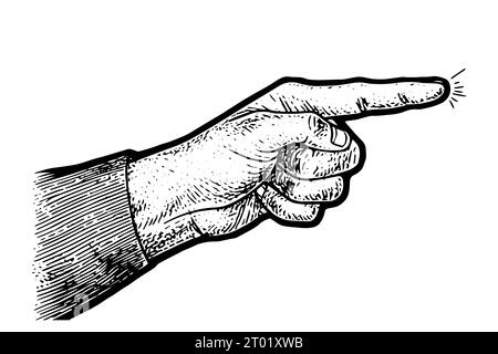 Pointing finger. Vector black vintage engraved illustration. Hand drawn ink sketch. Stock Vector