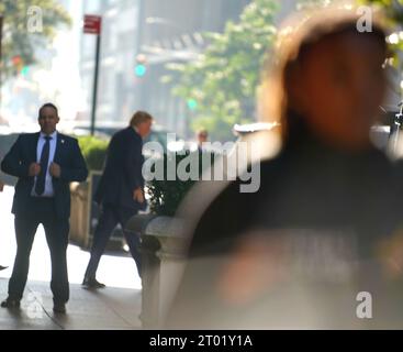 New York, New York, USA. 3rd Oct, 2023. (NEW)Former US President Donald Trump Civil Fraud Trial. October 03, 2023, New York, USA : On the second day of the Trump Civil Fraud Trial, former President Donald Trump departs from his residence on 5th Avenue in Manhattan for his second day of hearings at the Manhattan Courthouse. the trial, which has garnered significant media attention, revolves around allegations of civil fraud related to Trump's business dealings. Credit: ZUMA Press, Inc./Alamy Live News Stock Photo