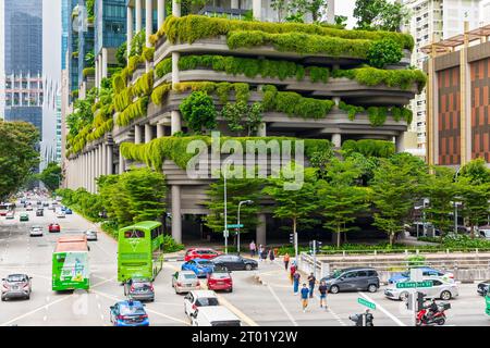 Hotel Park Royal on Pickering, Singapore.  Landscape design includes tiered façade planted with tropical ferns and creeping vines. Stock Photo