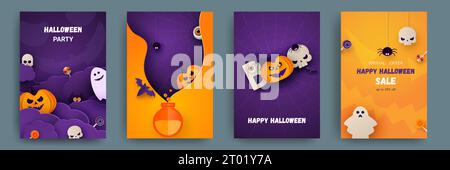 Halloween party invitations, greeting cards or posters. Set of cute pumpkins, bats and spiders. Paper cut style. Vector Stock Vector