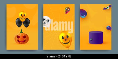 Halloween party invitations, greeting cards or posters. Set of cute pumpkins, ghosts and monsters. Design template for advertising, internet, social Stock Vector