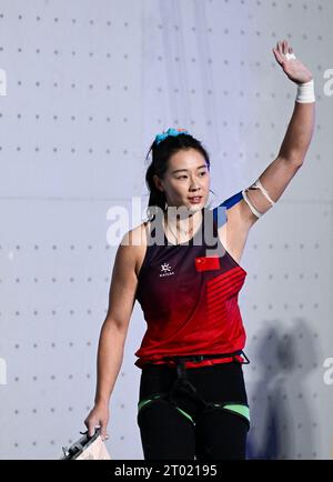 Shaoxing, China's Zhejiang Province. 3rd Oct, 2023. Niu Di of China greets spectators after the Women's Speed Match of Sports climbing at the 19th Asian Games in Shaoxing, east China's Zhejiang Province, Oct. 3, 2023. Credit: Yang Guanyu/Xinhua/Alamy Live News Stock Photo