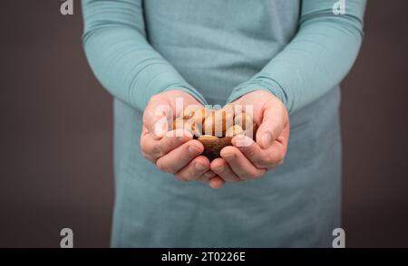 Holding a handful of nuts, mix variety of almonds, hazelnuts and pecan nuts, healthy food and lifestyle Stock Photo