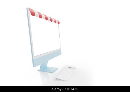 Computer display with red white shop awning concept. Isolated screen for mockup, app, web page or product presentation Stock Photo