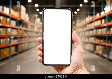 Closeup of man hands using mobile phone in warehouse, white screen, mockup, with industry background Stock Photo