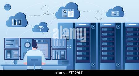 Big data analytics and cloud computing. Handsome male programmer or analyst on workplace. Servers and many monitor screens with information. Wireless Stock Vector