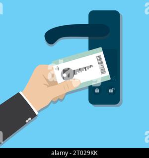Access control. Cartoon man hand holding plastic key card. Electronic modern system for opening, closing, lock and unlock doors. Touch sensor. System Stock Vector