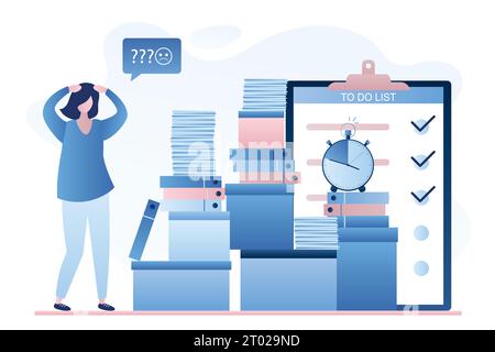 Unhappy office worker or businesswoman look on huge heap of paper documents and folders. Overwork background. Time management and deadline concept.Bea Stock Vector