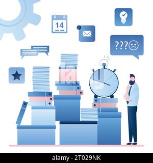 Unhappy office worker or businessman look on huge heap of paper documents and folders. Overwork background. Time management and deadline concept.Hands Stock Vector